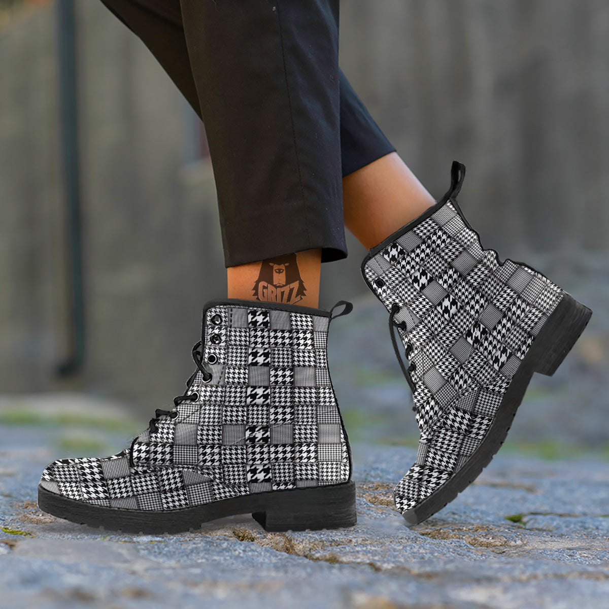 Geometric Patchwork Houndstooth Print Pattern Leather Boots-grizzshop