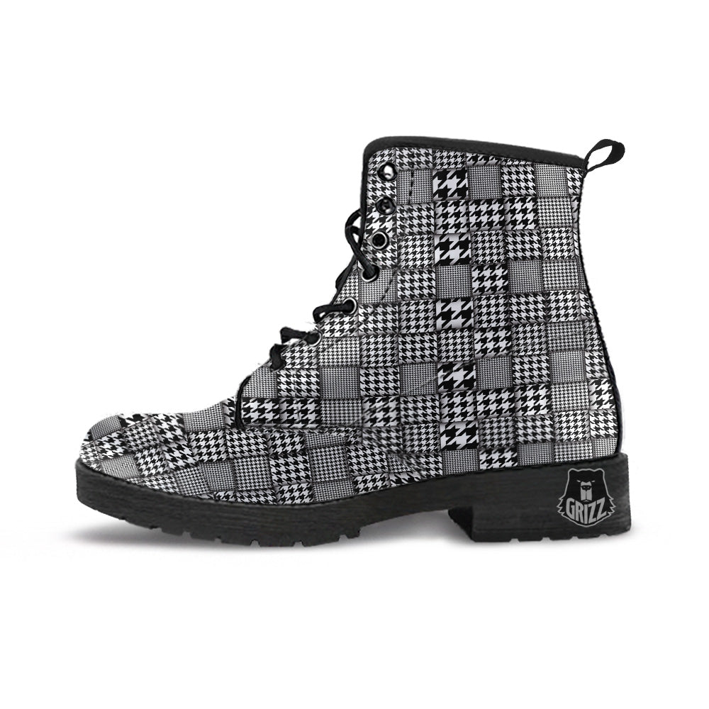 Geometric Patchwork Houndstooth Print Pattern Leather Boots-grizzshop