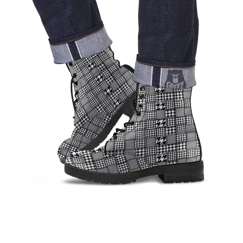 Geometric Patchwork Houndstooth Print Pattern Leather Boots-grizzshop