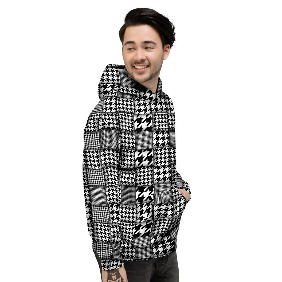 Geometric Patchwork Houndstooth Print Pattern Men's Hoodie-grizzshop
