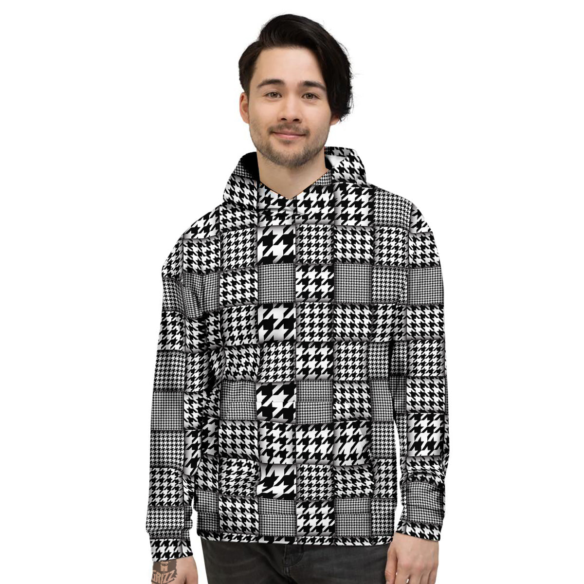 Geometric Patchwork Houndstooth Print Pattern Men's Hoodie-grizzshop