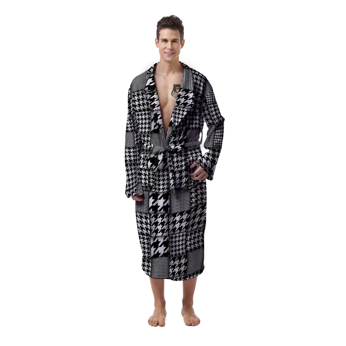 Geometric Patchwork Houndstooth Print Pattern Men's Robe-grizzshop