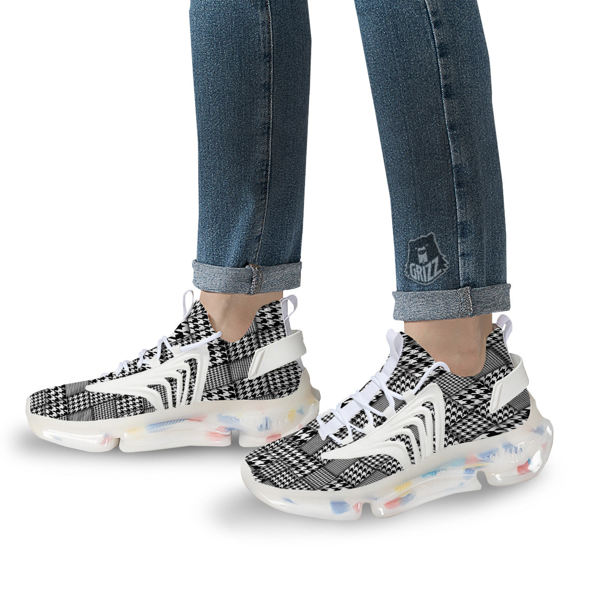 Geometric Patchwork Houndstooth Print Pattern White Gym Shoes-grizzshop