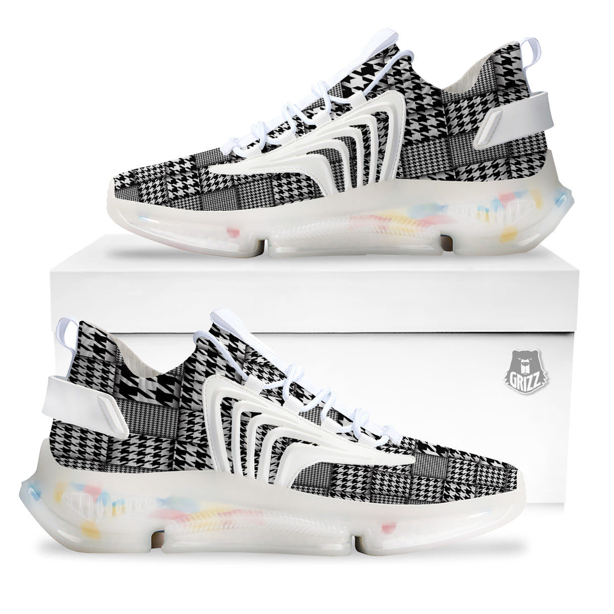 Geometric Patchwork Houndstooth Print Pattern White Gym Shoes-grizzshop