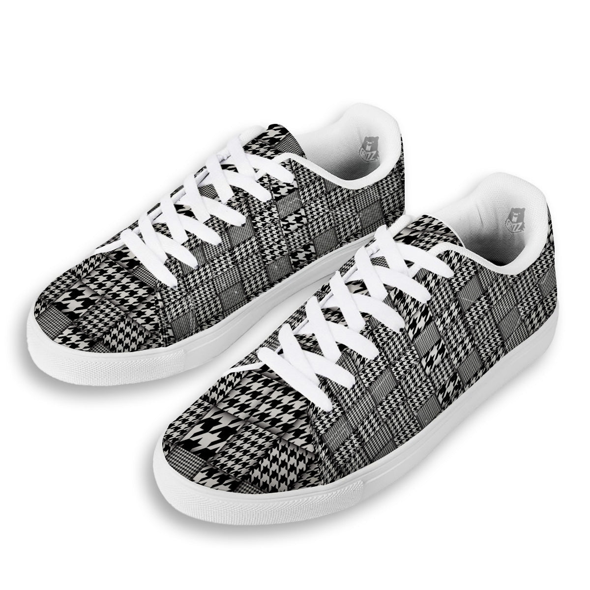 Geometric Patchwork Houndstooth Print Pattern White Low Top Sneakers-grizzshop