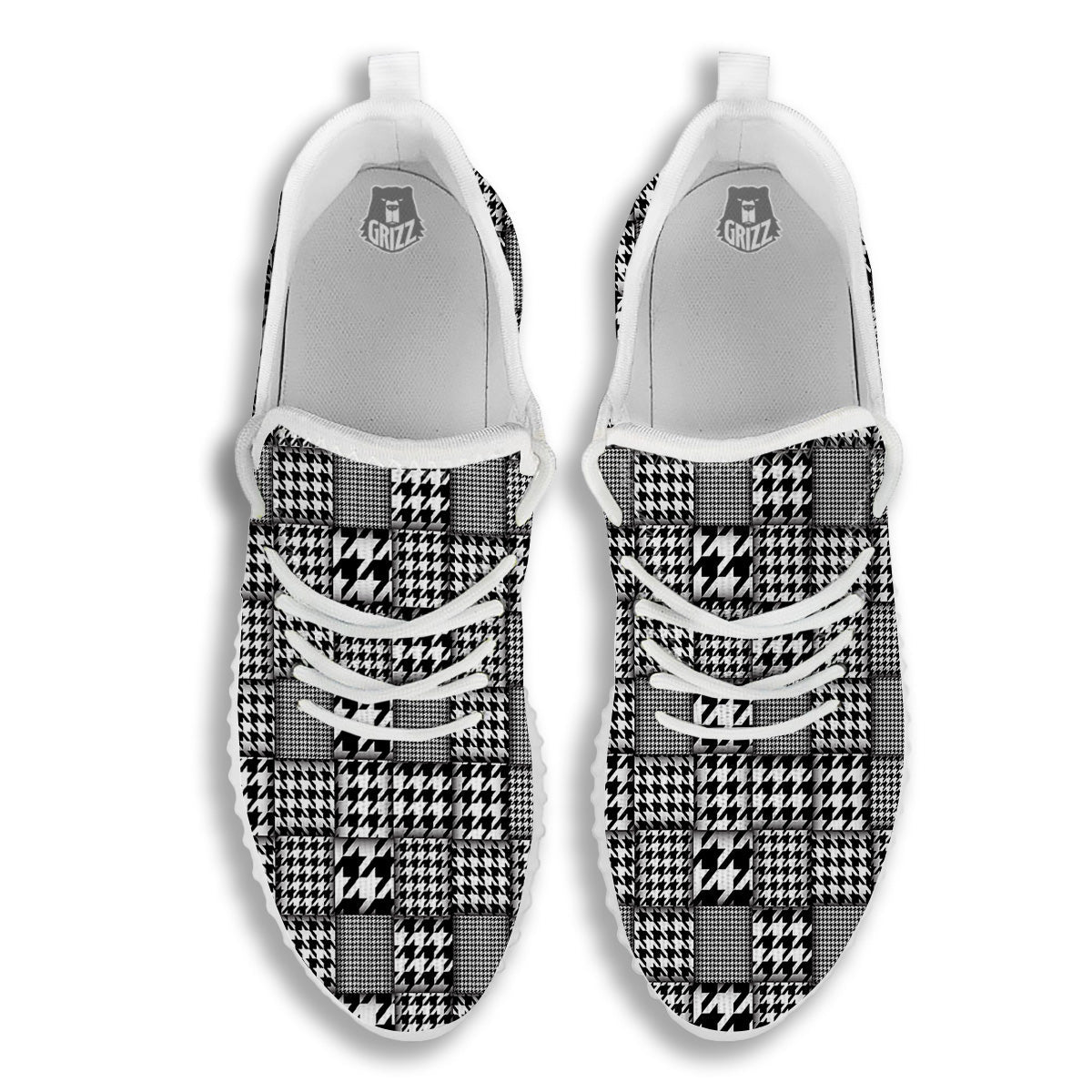 Geometric Patchwork Houndstooth Print Pattern White Walking Shoes-grizzshop