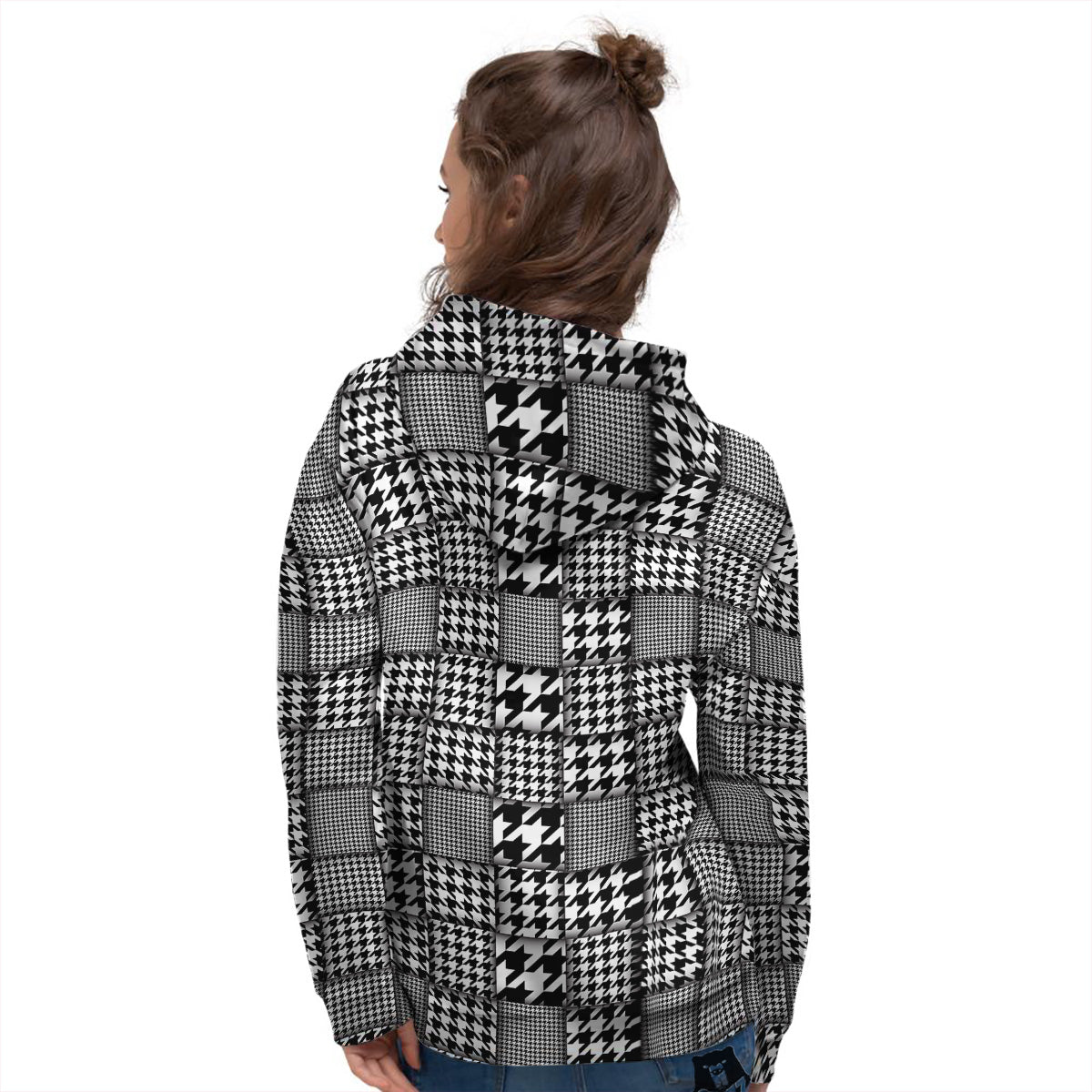 Geometric Patchwork Houndstooth Print Pattern Women's Hoodie-grizzshop