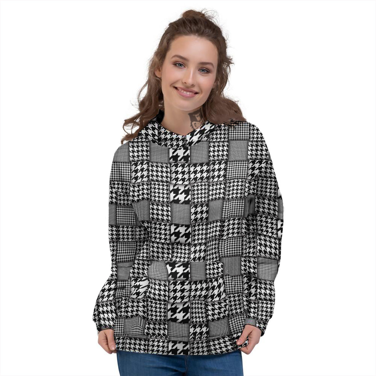 Geometric Patchwork Houndstooth Print Pattern Women's Hoodie-grizzshop