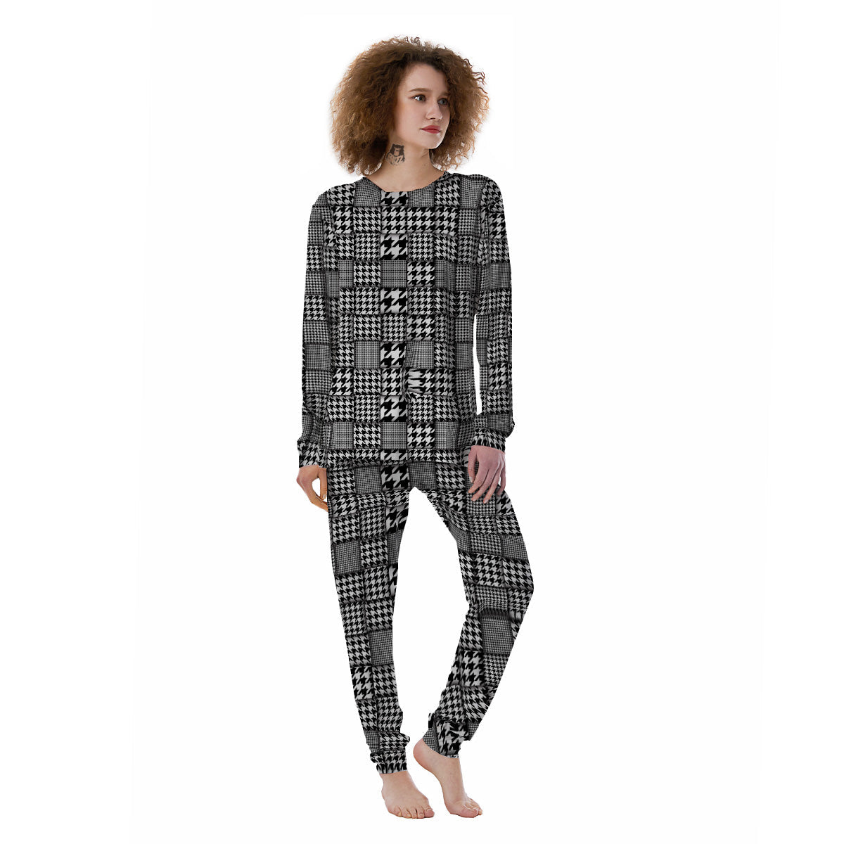 Geometric Patchwork Houndstooth Print Pattern Women's Pajamas-grizzshop