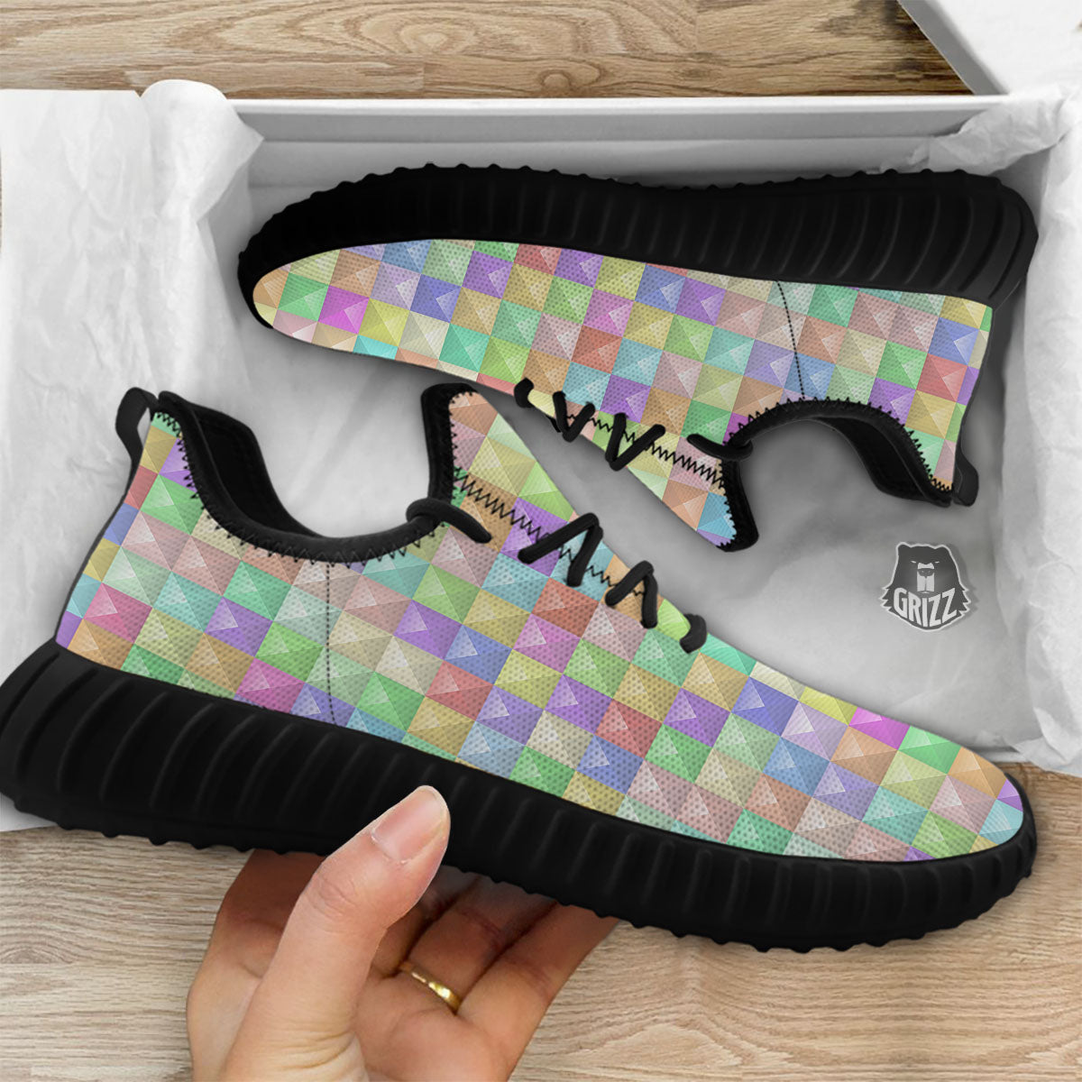 Geometric Polygonal Colorful Print Black Walking Shoes-grizzshop