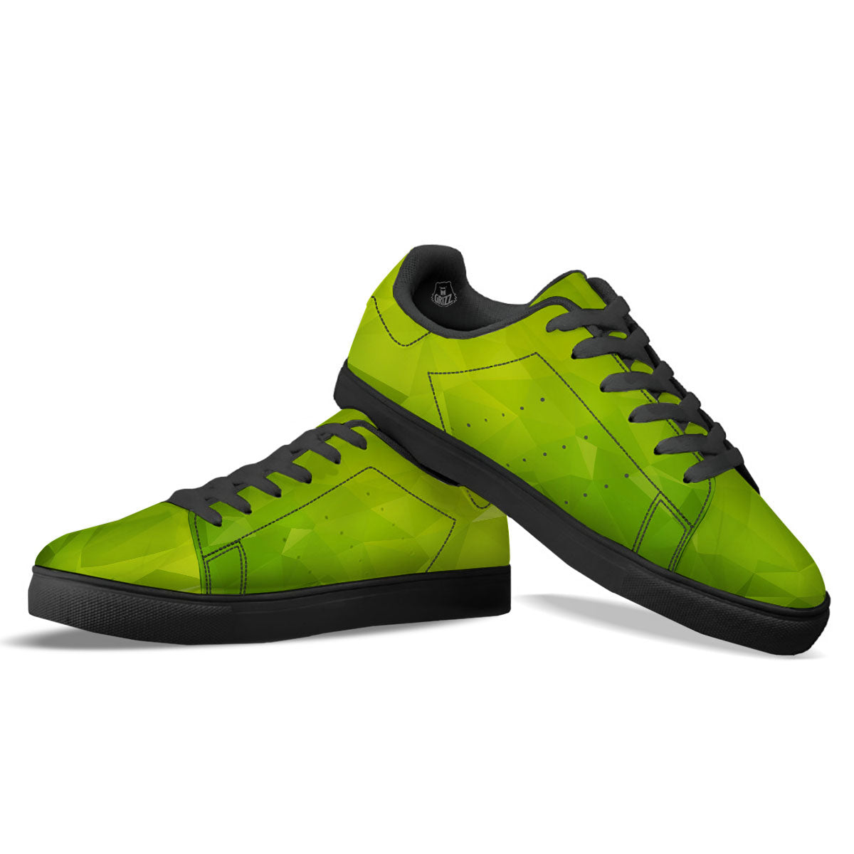 Geometric Polygonal Green Print Black Low Top Sneakers-grizzshop