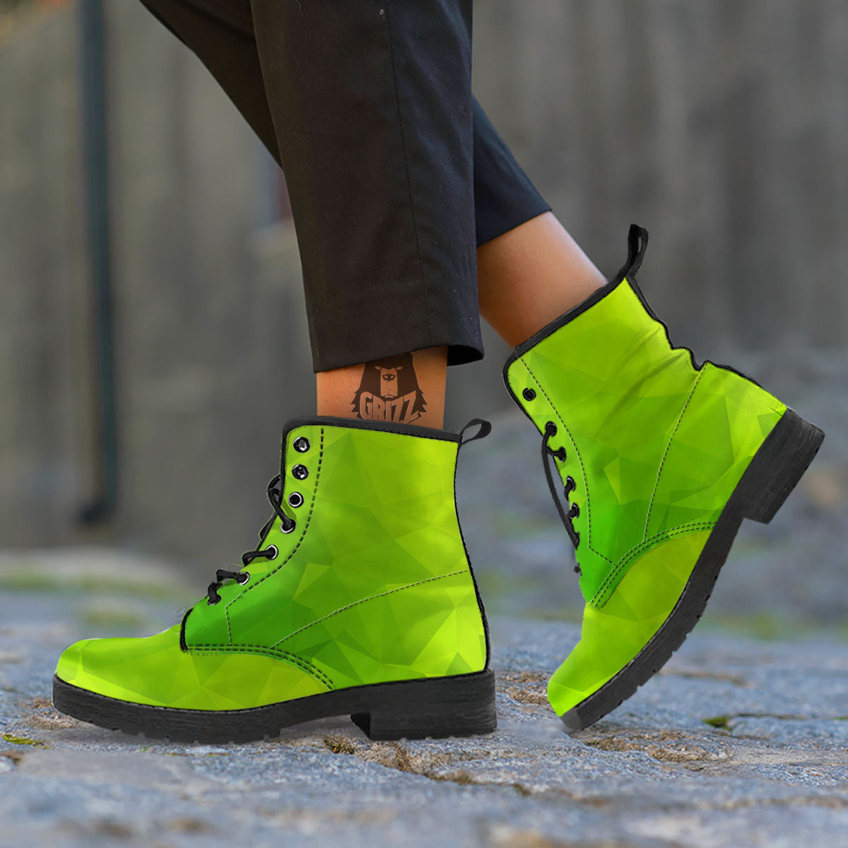 Geometric Polygonal Green Print Leather Boots-grizzshop
