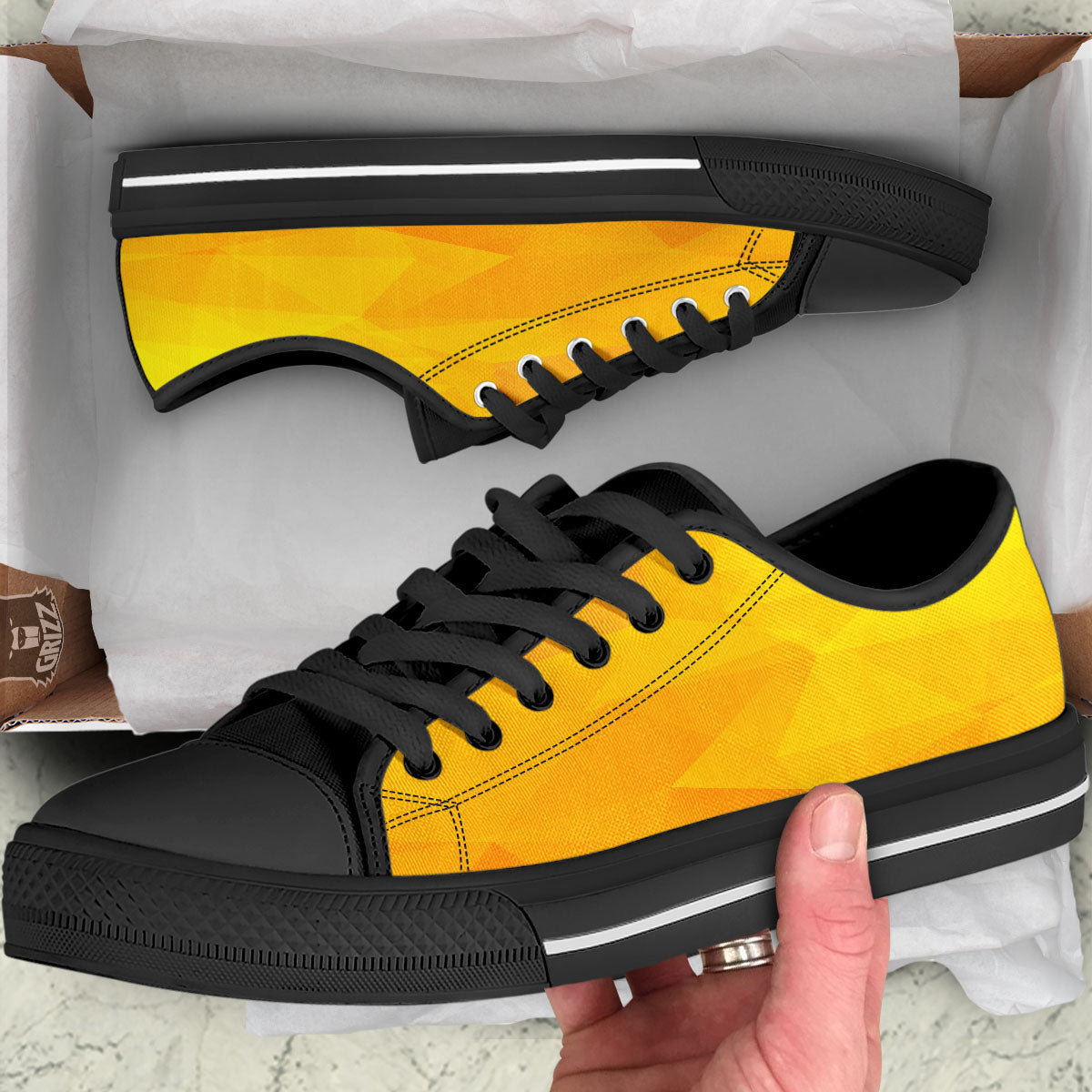 Geometric Polygonal Yellow Print Black Low Top Shoes-grizzshop