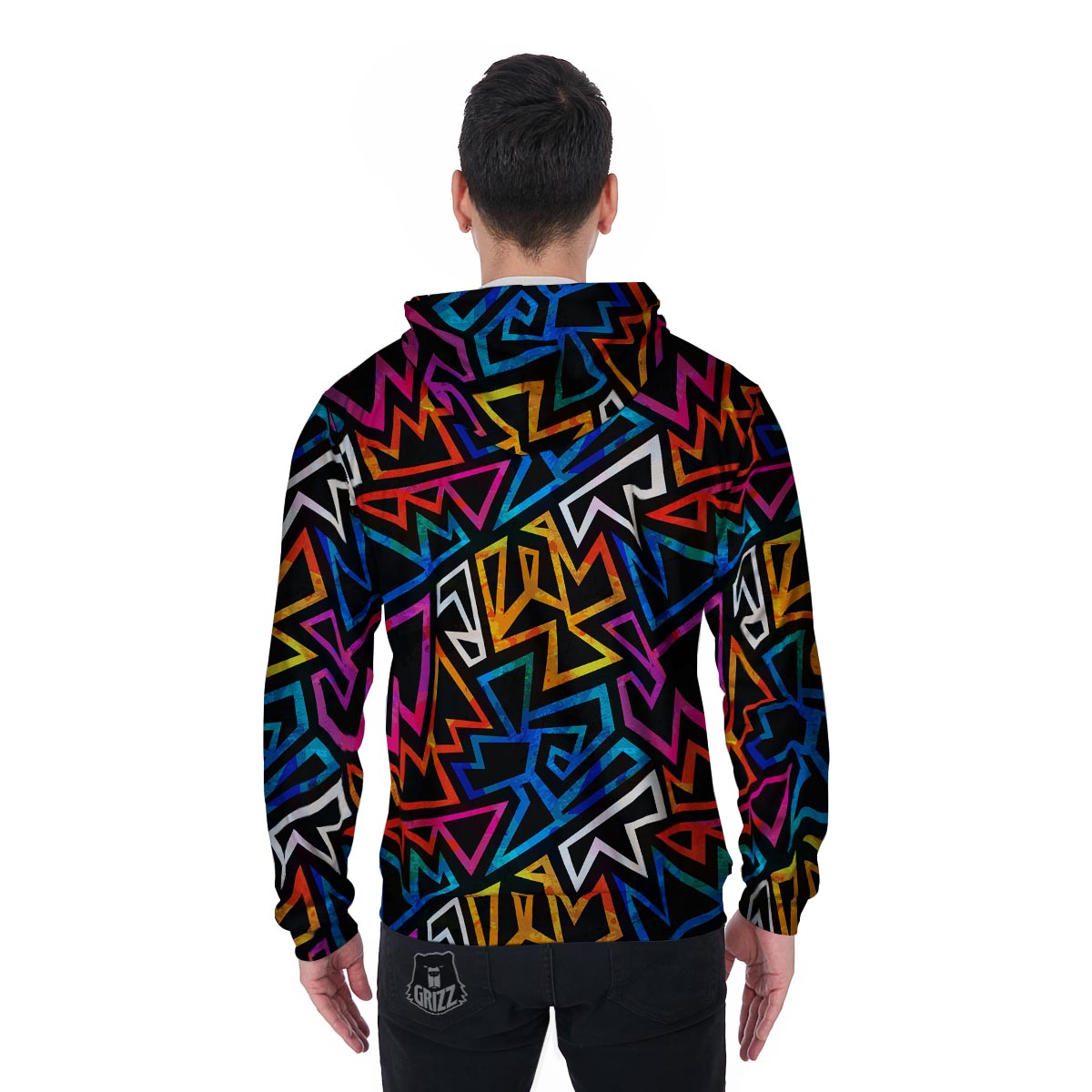 Geometric Print Men's Zip Up Hoodie-grizzshop