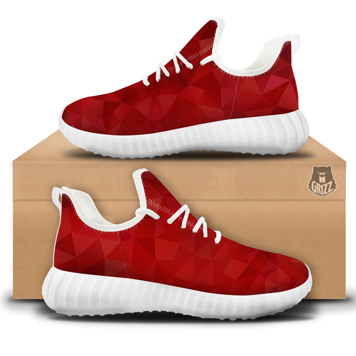 Geometric Red Print Pattern White Walking Shoes-grizzshop