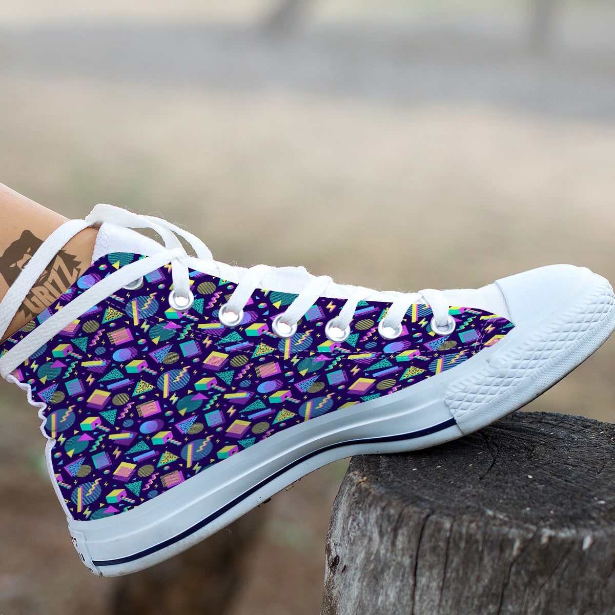 Geometric Shapes Neon Print Pattern White High Top Shoes-grizzshop