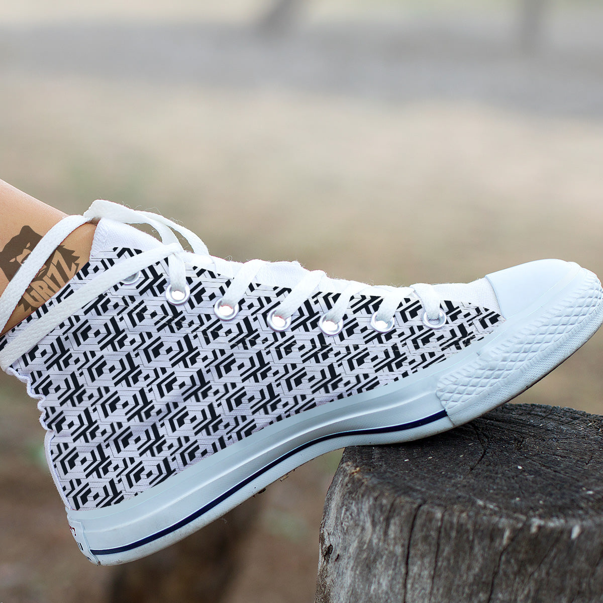 Geometric Simple Black And White Print Pattern White High Top Shoes-grizzshop