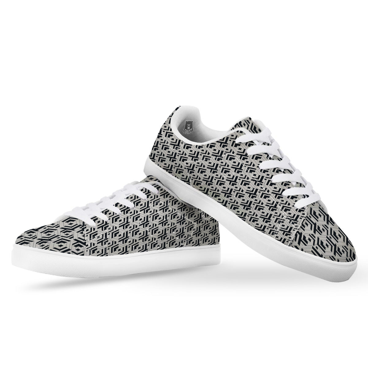 Geometric Simple Black And White Print Pattern White Low Top Sneakers-grizzshop