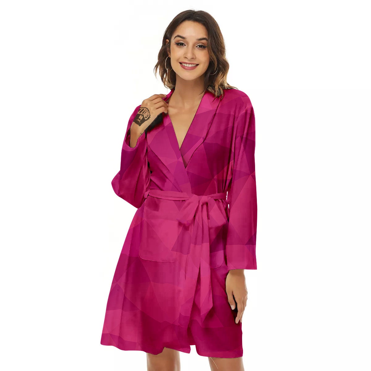 Geometric Square Pink Print Pattern Women's Robe-grizzshop
