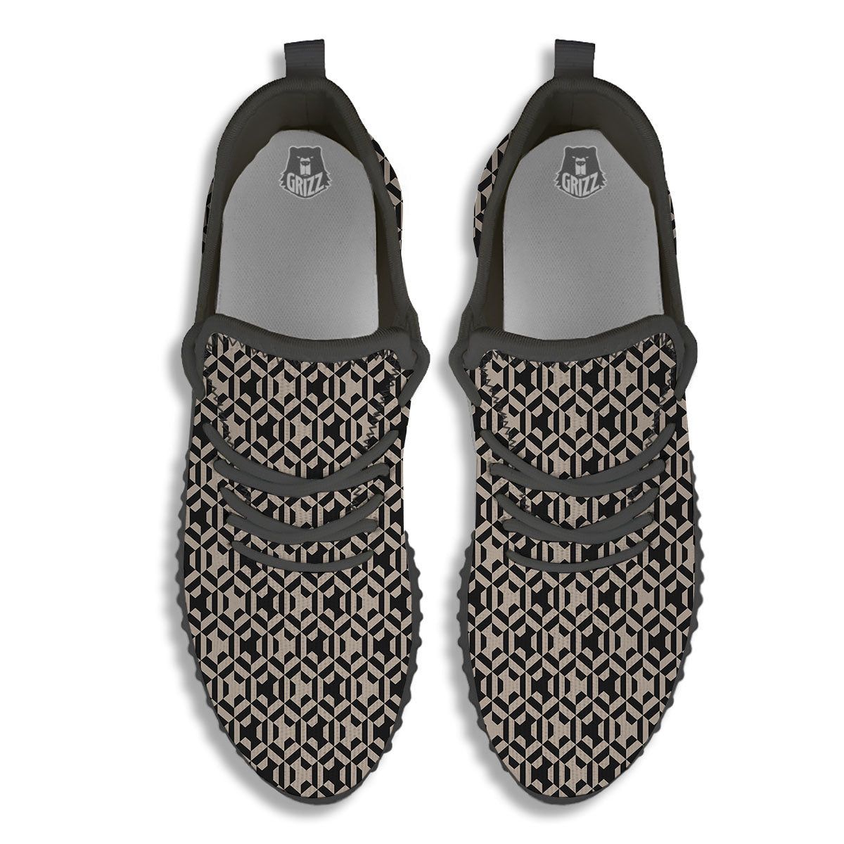 Geometric Triangle Beige And Black Print Black Walking Shoes-grizzshop