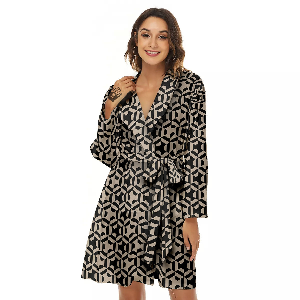 Geometric Triangle Beige And Black Print Women's Robe-grizzshop