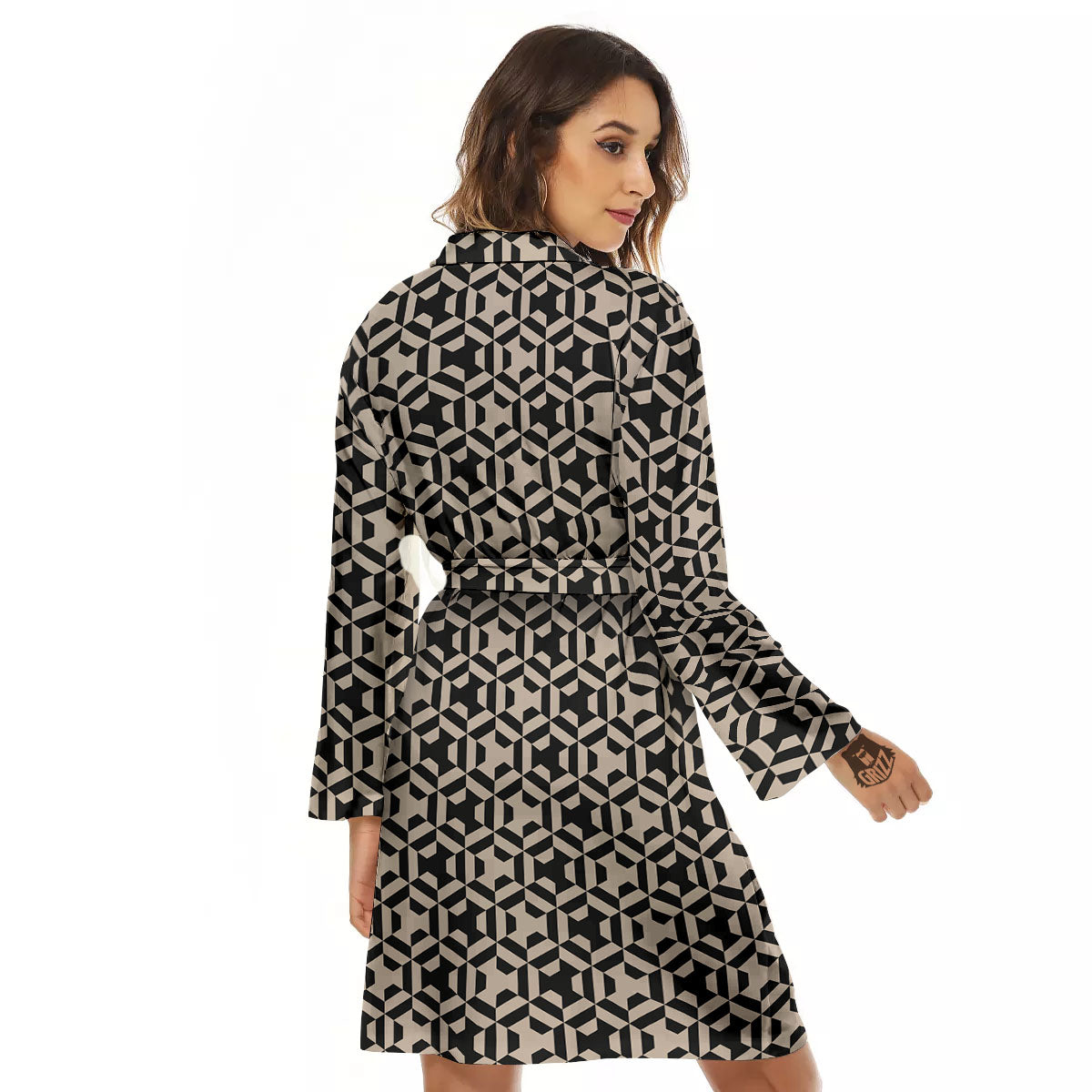 Geometric Triangle Beige And Black Print Women's Robe-grizzshop