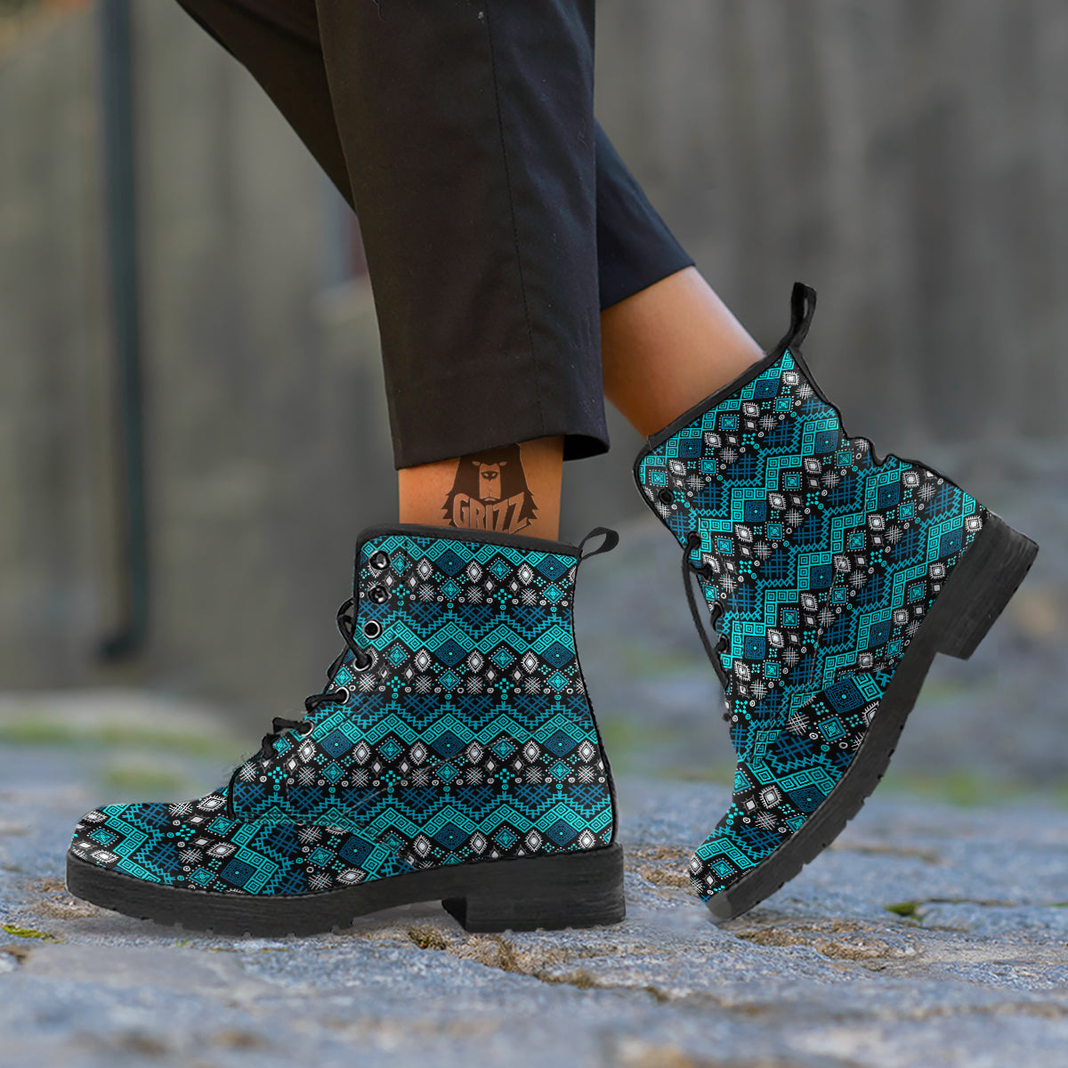 Geometric Turquoise Aztec Print Pattern Leather Boots-grizzshop