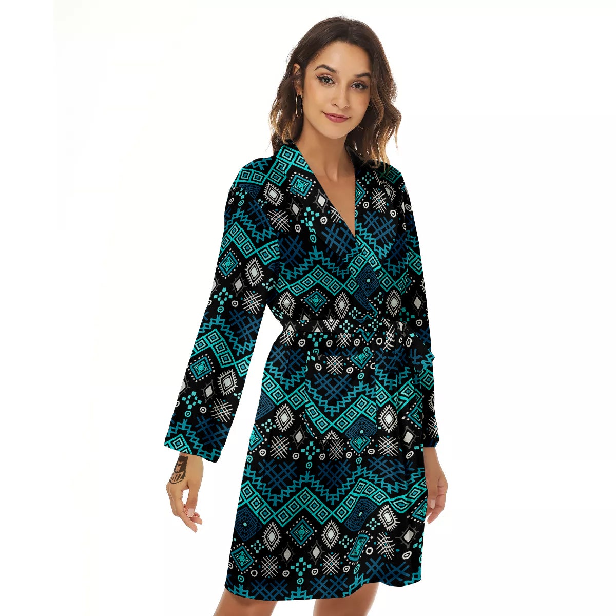 Geometric Turquoise Aztec Print Pattern Women's Robe-grizzshop