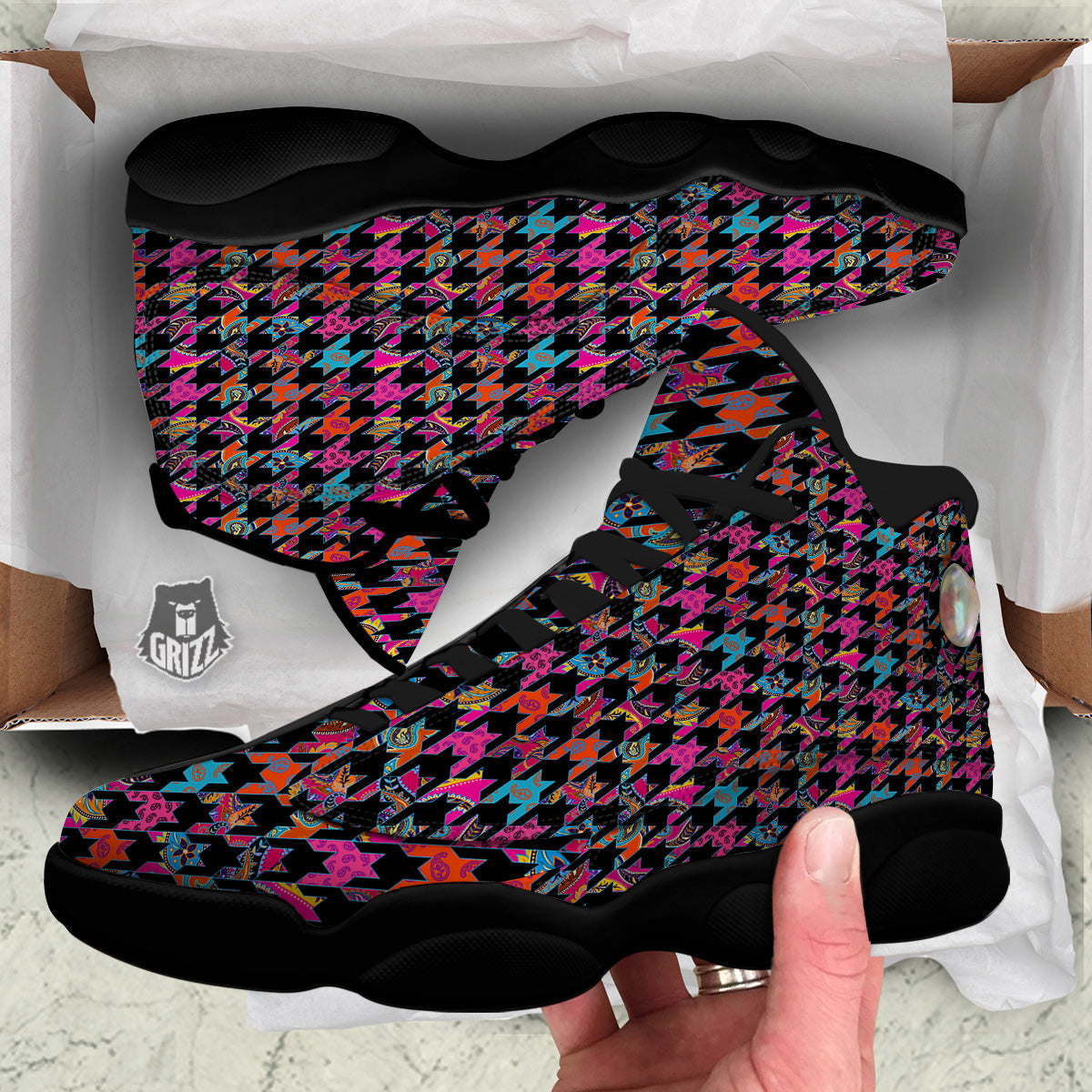 Geometrical Houndstooth And Paisley Print Pattern Black Basketball Shoes-grizzshop