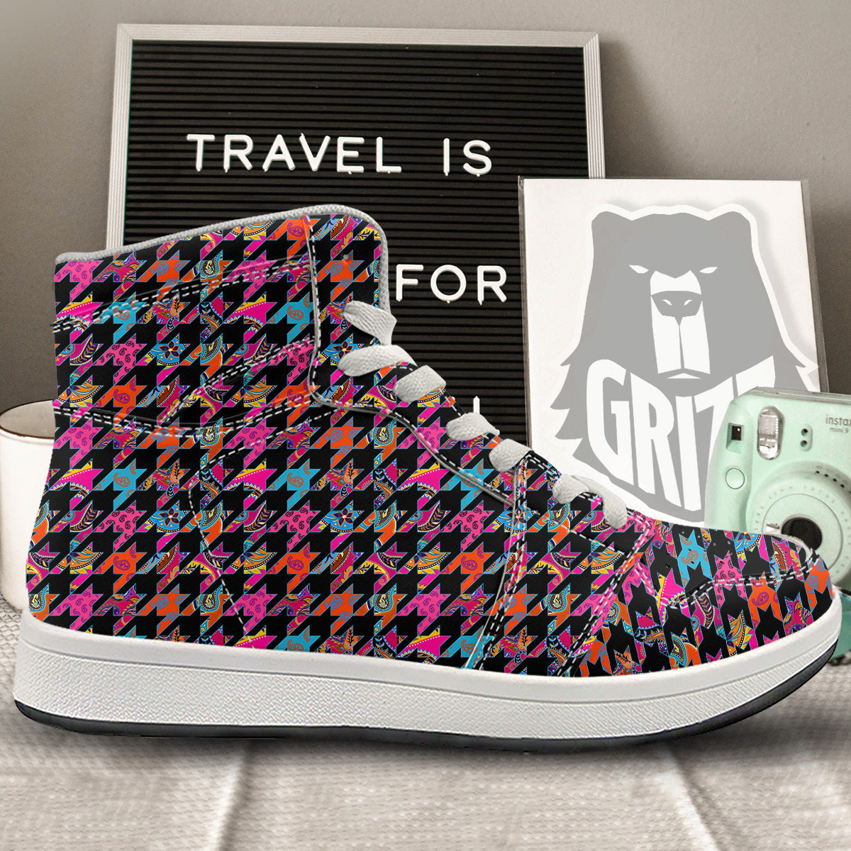 Geometrical Houndstooth And Paisley Print Pattern High Top Sneakers-grizzshop