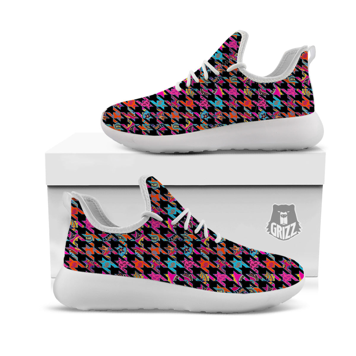Geometrical Houndstooth And Paisley Print Pattern White Athletic Shoes-grizzshop