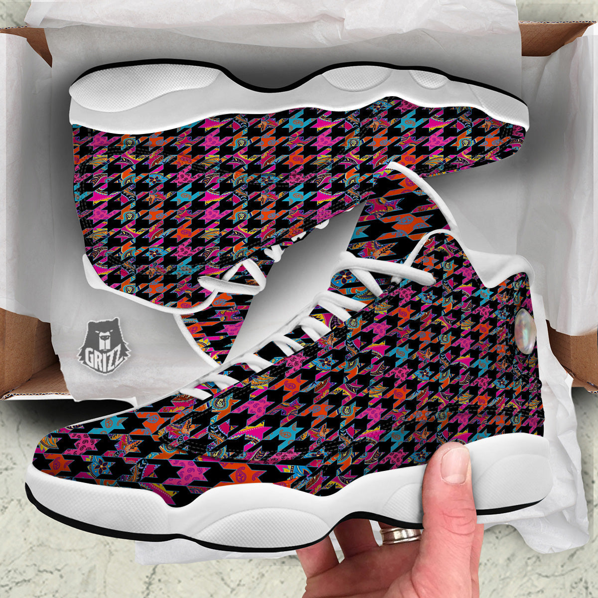 Geometrical Houndstooth And Paisley Print Pattern White Basketball Shoes-grizzshop