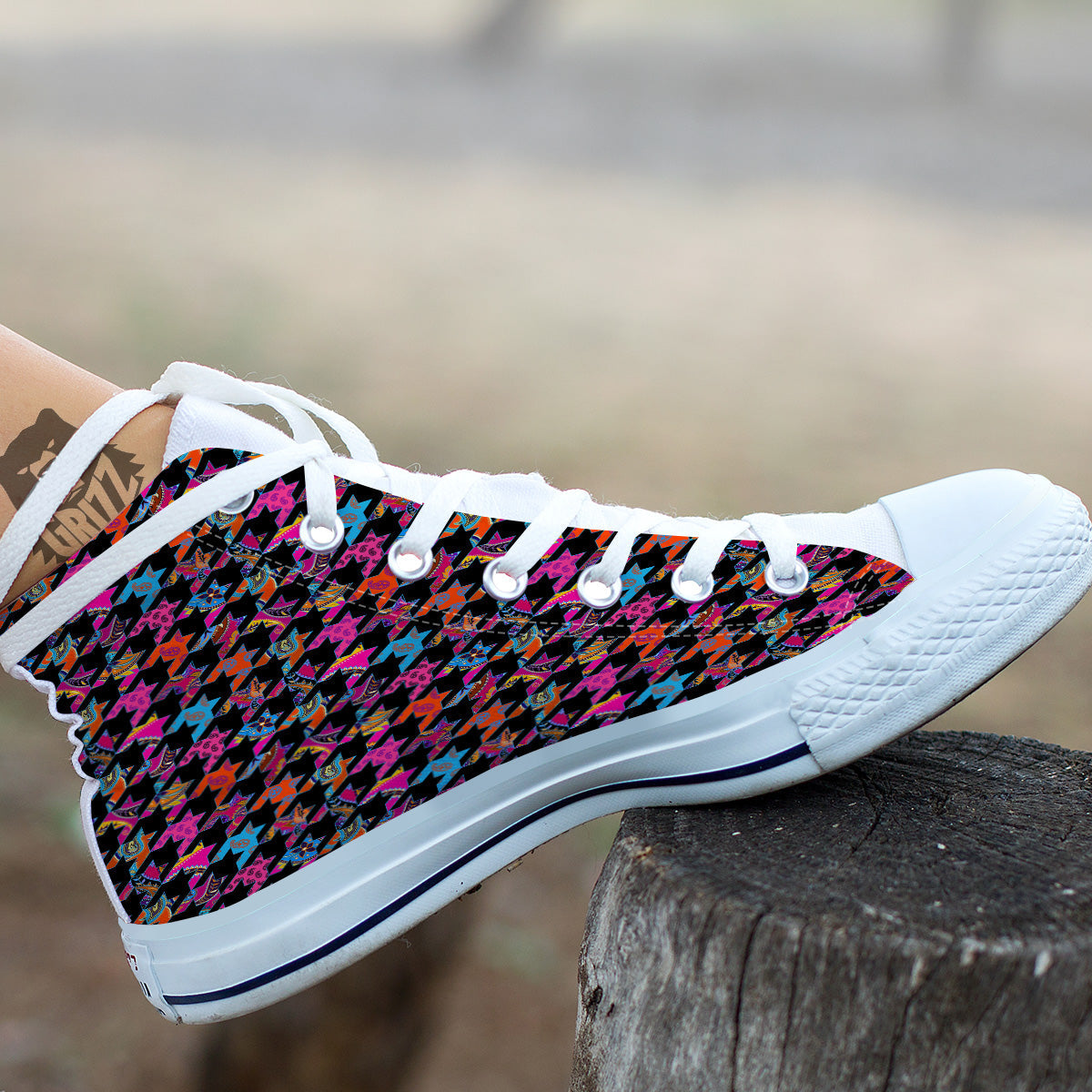 Geometrical Houndstooth And Paisley Print Pattern White High Top Shoes-grizzshop