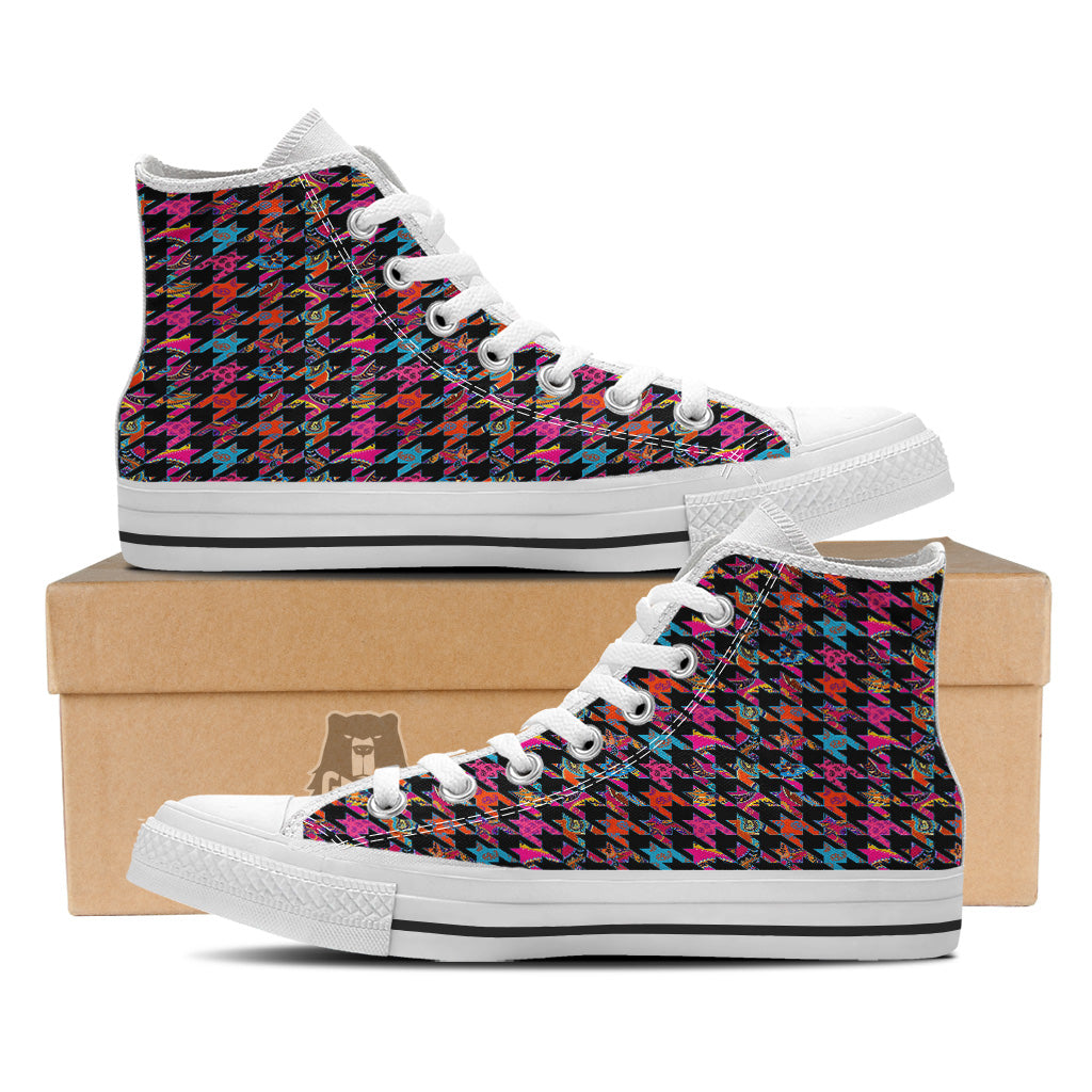 Geometrical Houndstooth And Paisley Print Pattern White High Top Shoes-grizzshop