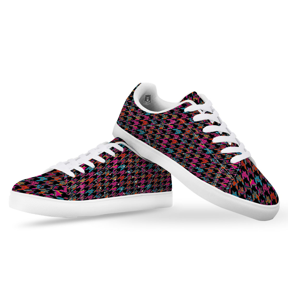 Geometrical Houndstooth And Paisley Print Pattern White Low Top Sneakers-grizzshop