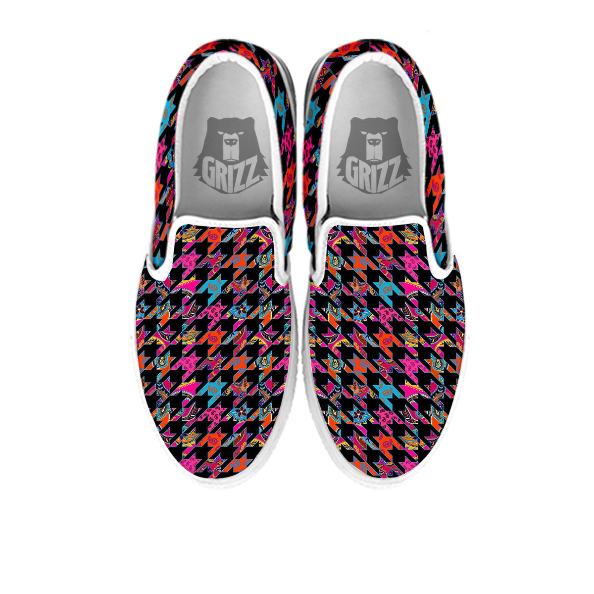 Geometrical Houndstooth And Paisley Print Pattern White Slip On Shoes-grizzshop