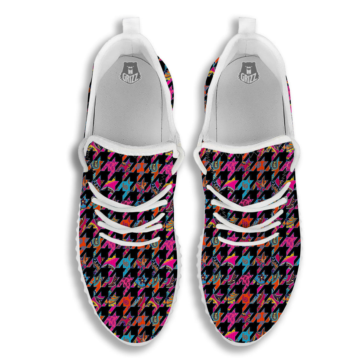 Geometrical Houndstooth And Paisley Print Pattern White Walking Shoes-grizzshop