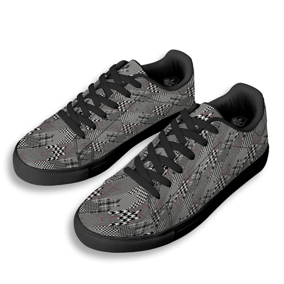 Geometrical Houndstooth Patchwork Print Pattern Black Low Top Sneakers-grizzshop