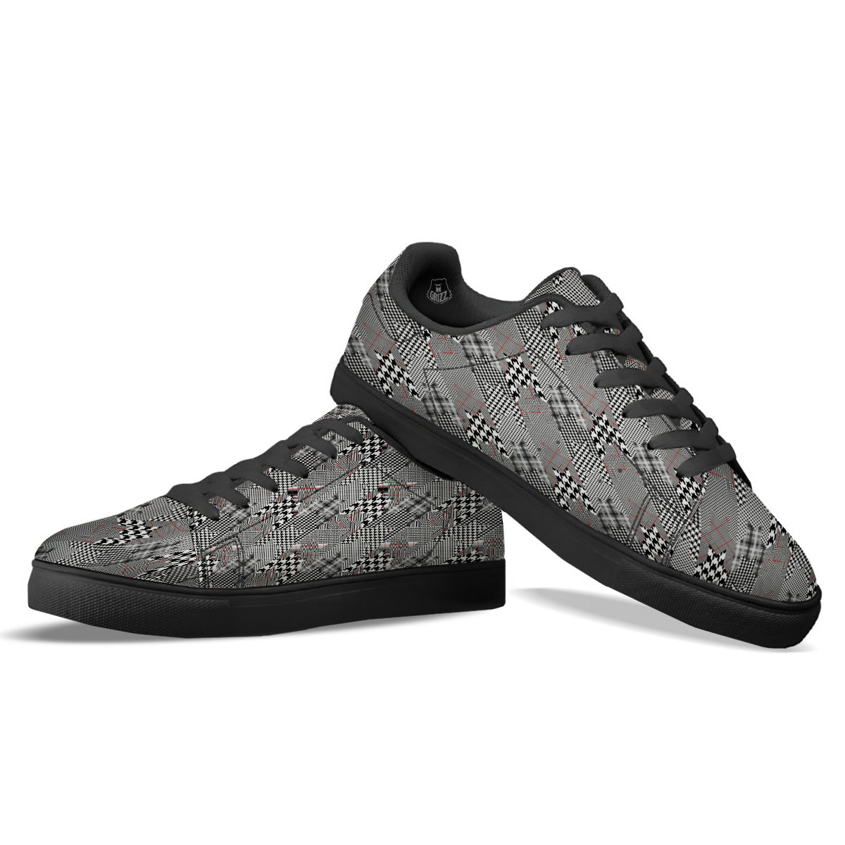 Geometrical Houndstooth Patchwork Print Pattern Black Low Top Sneakers-grizzshop