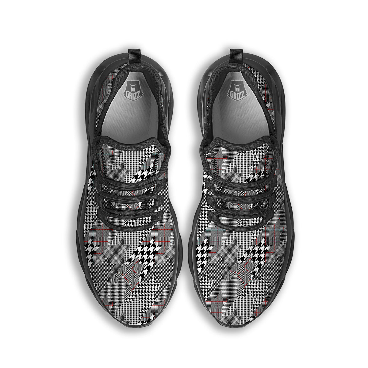 Geometrical Houndstooth Patchwork Print Pattern Black Running Shoes-grizzshop