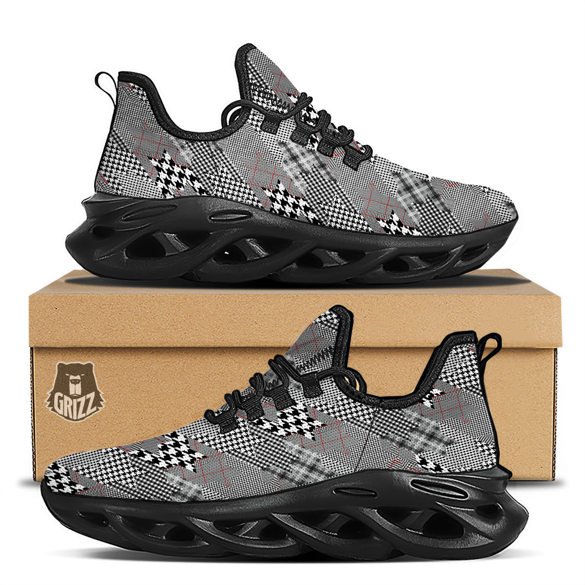Geometrical Houndstooth Patchwork Print Pattern Black Running Shoes-grizzshop