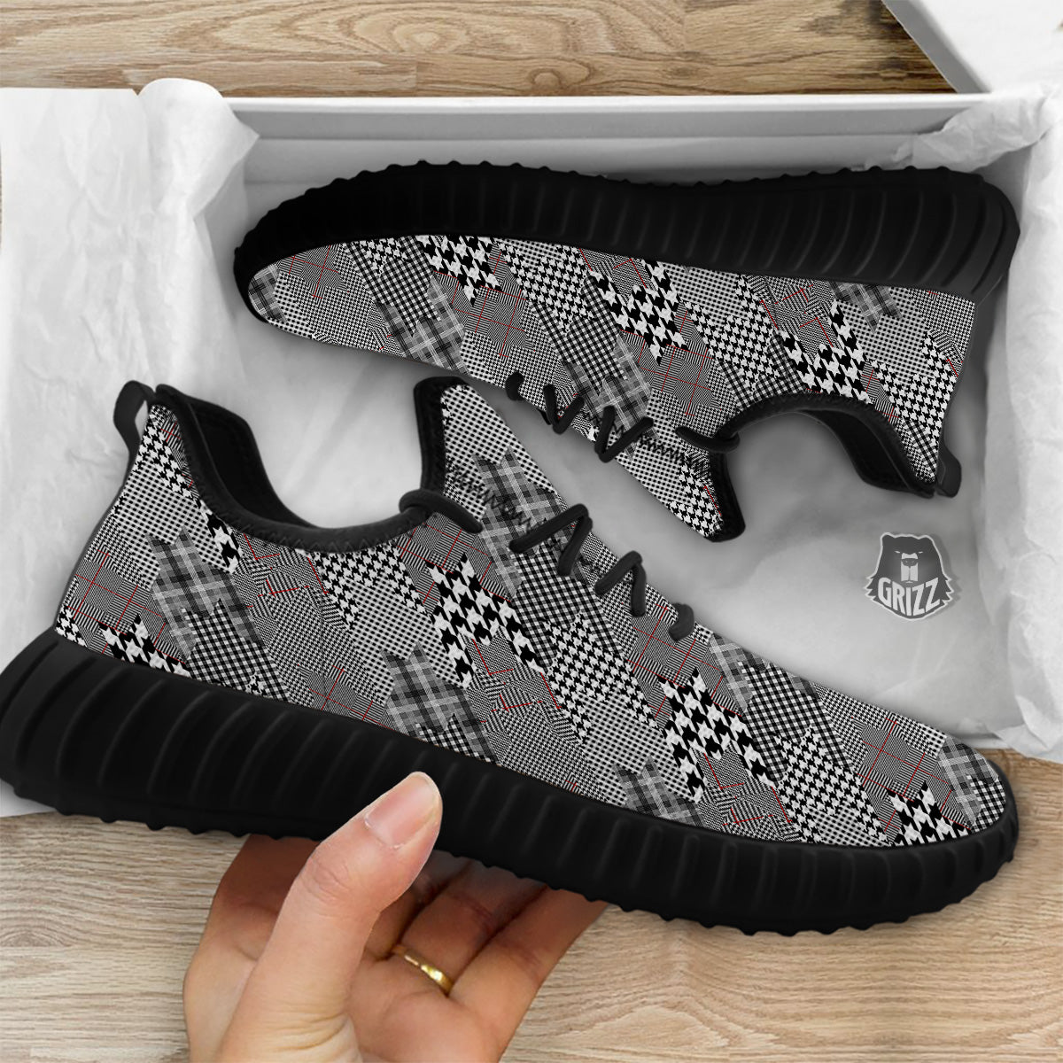 Geometrical Houndstooth Patchwork Print Pattern Black Walking Shoes-grizzshop