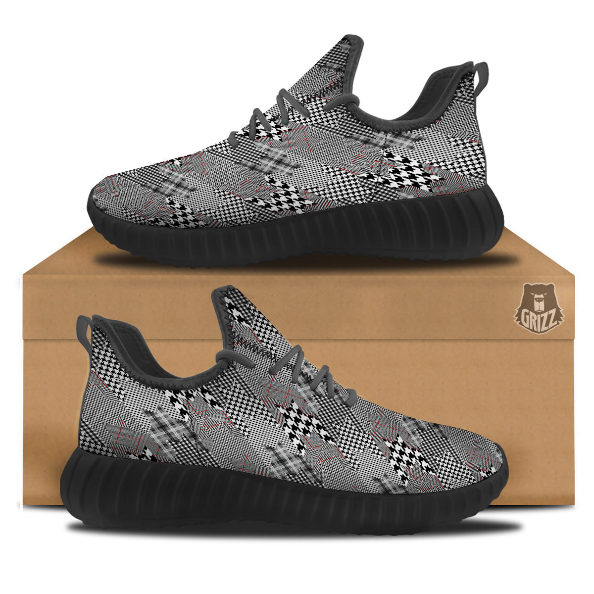 Geometrical Houndstooth Patchwork Print Pattern Black Walking Shoes-grizzshop