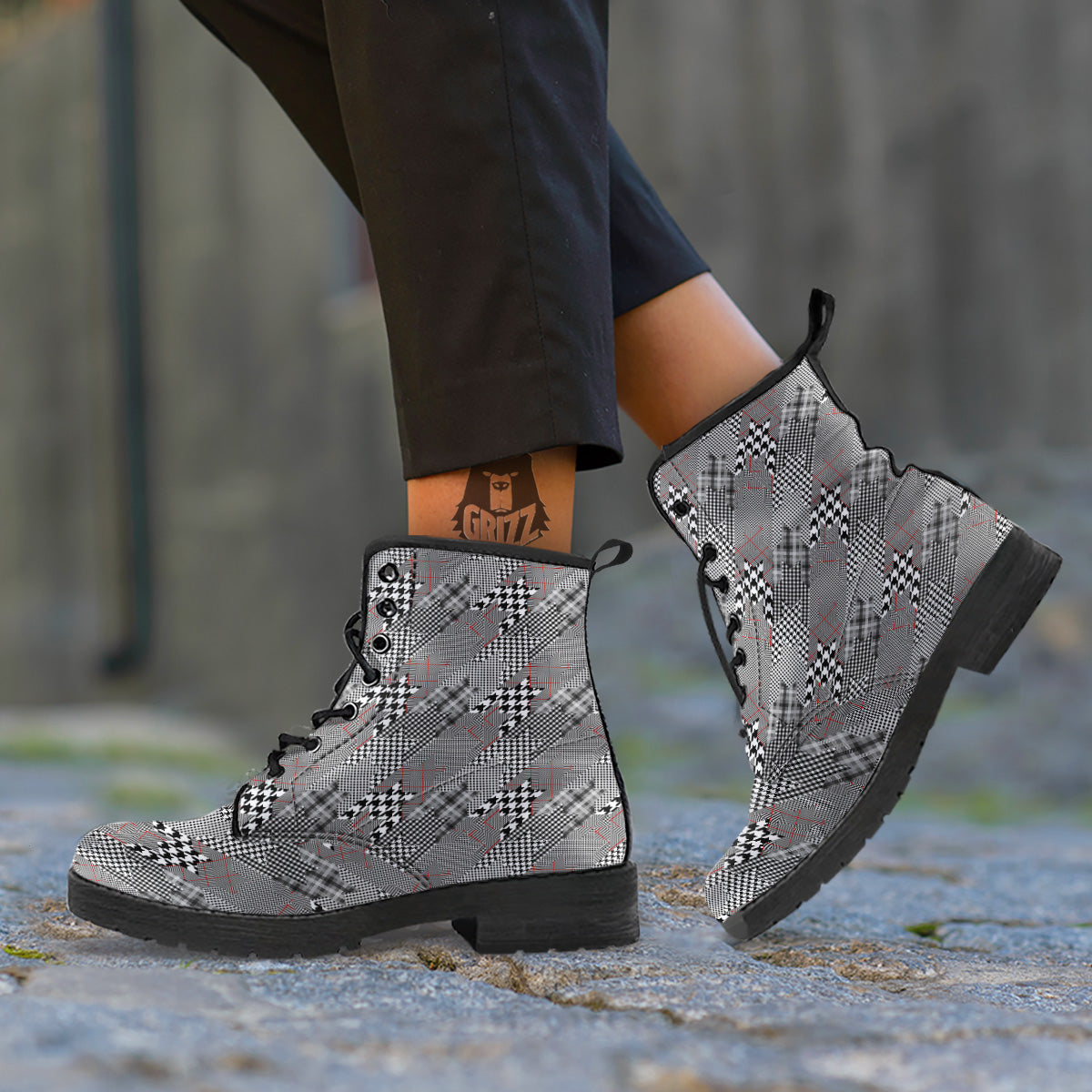 Geometrical Houndstooth Patchwork Print Pattern Leather Boots-grizzshop