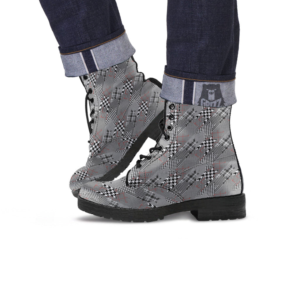 Geometrical Houndstooth Patchwork Print Pattern Leather Boots-grizzshop
