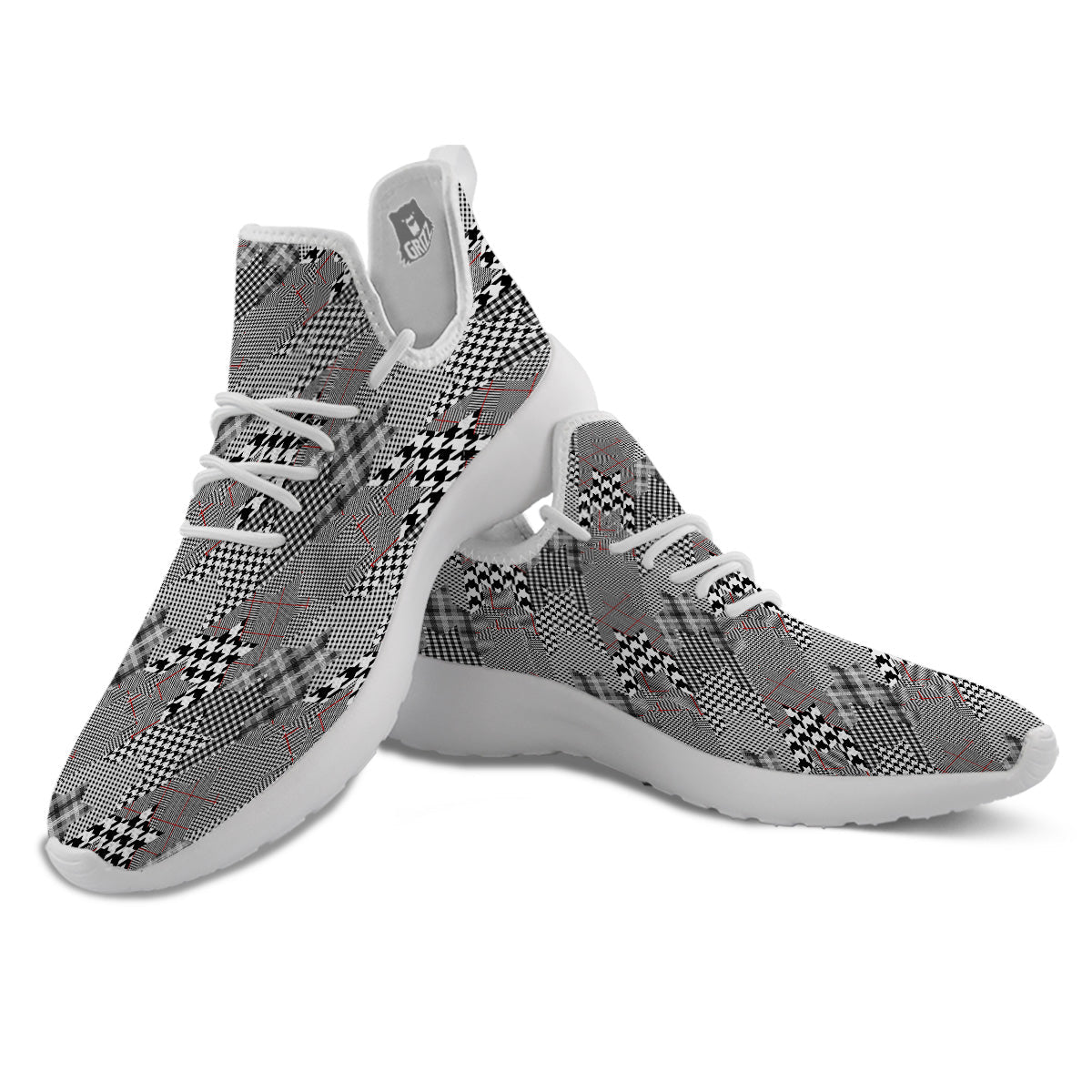 Geometrical Houndstooth Patchwork Print Pattern White Athletic Shoes-grizzshop