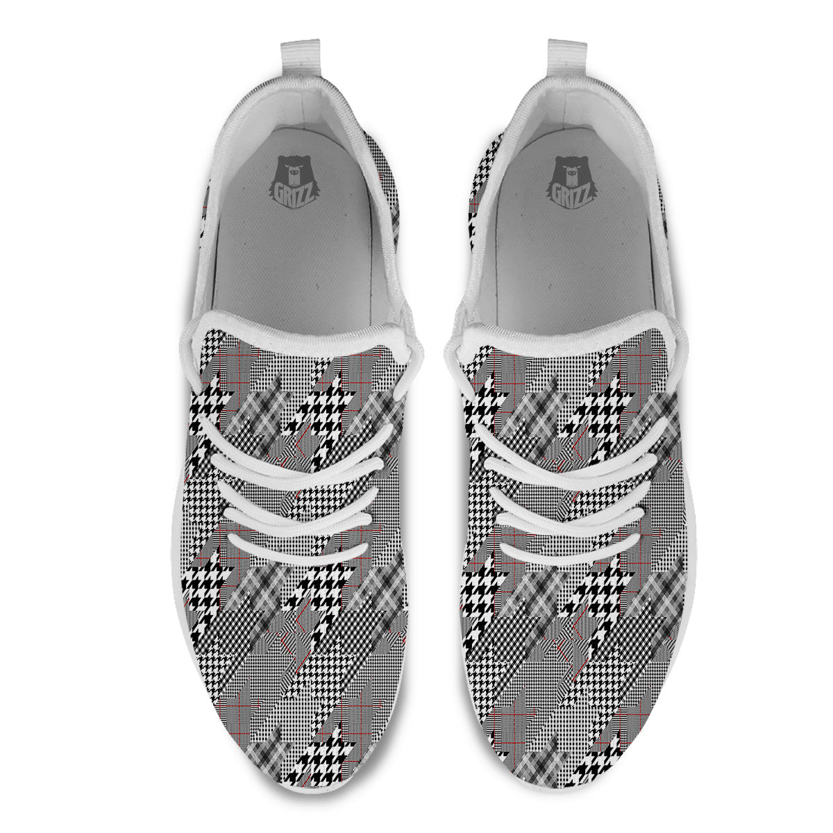 Geometrical Houndstooth Patchwork Print Pattern White Athletic Shoes-grizzshop