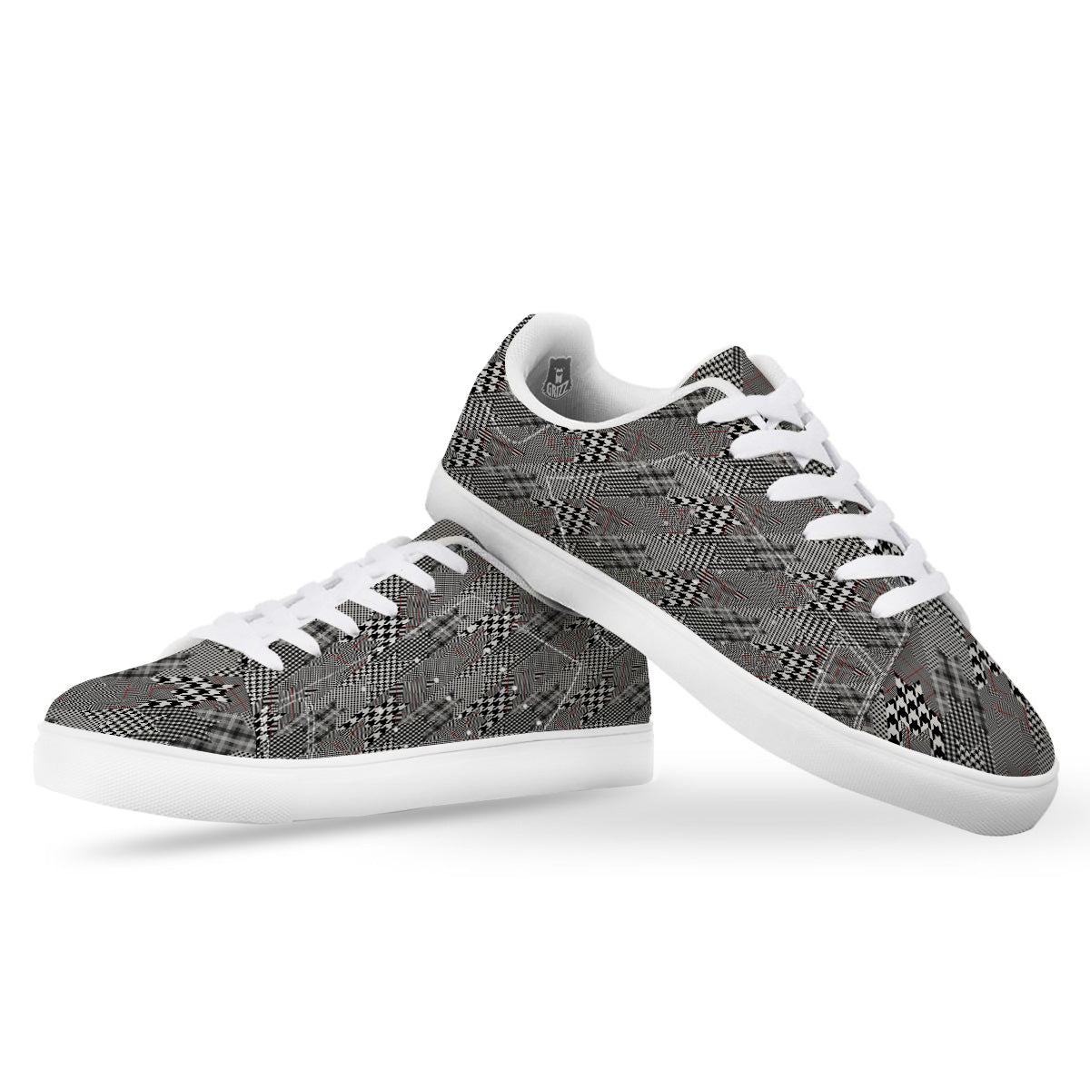 Geometrical Houndstooth Patchwork Print Pattern White Low Top Sneakers-grizzshop