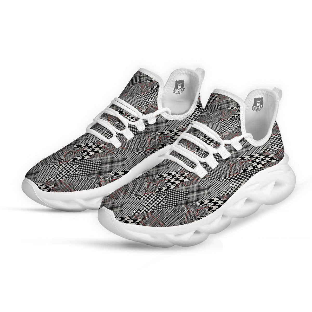 Geometrical Houndstooth Patchwork Print Pattern White Running Shoes-grizzshop