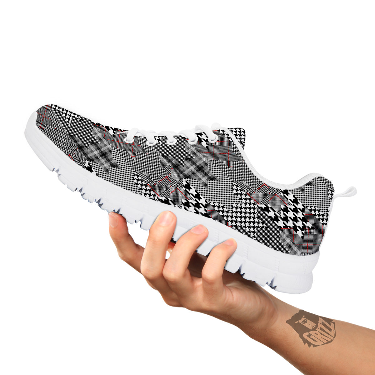 Geometrical Houndstooth Patchwork Print Pattern White Sneaker-grizzshop